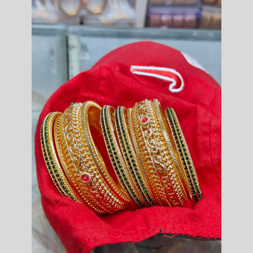 Pooja Bangles Gold Plated Sparkling Green & Pink Austrian Stone Bangles Set