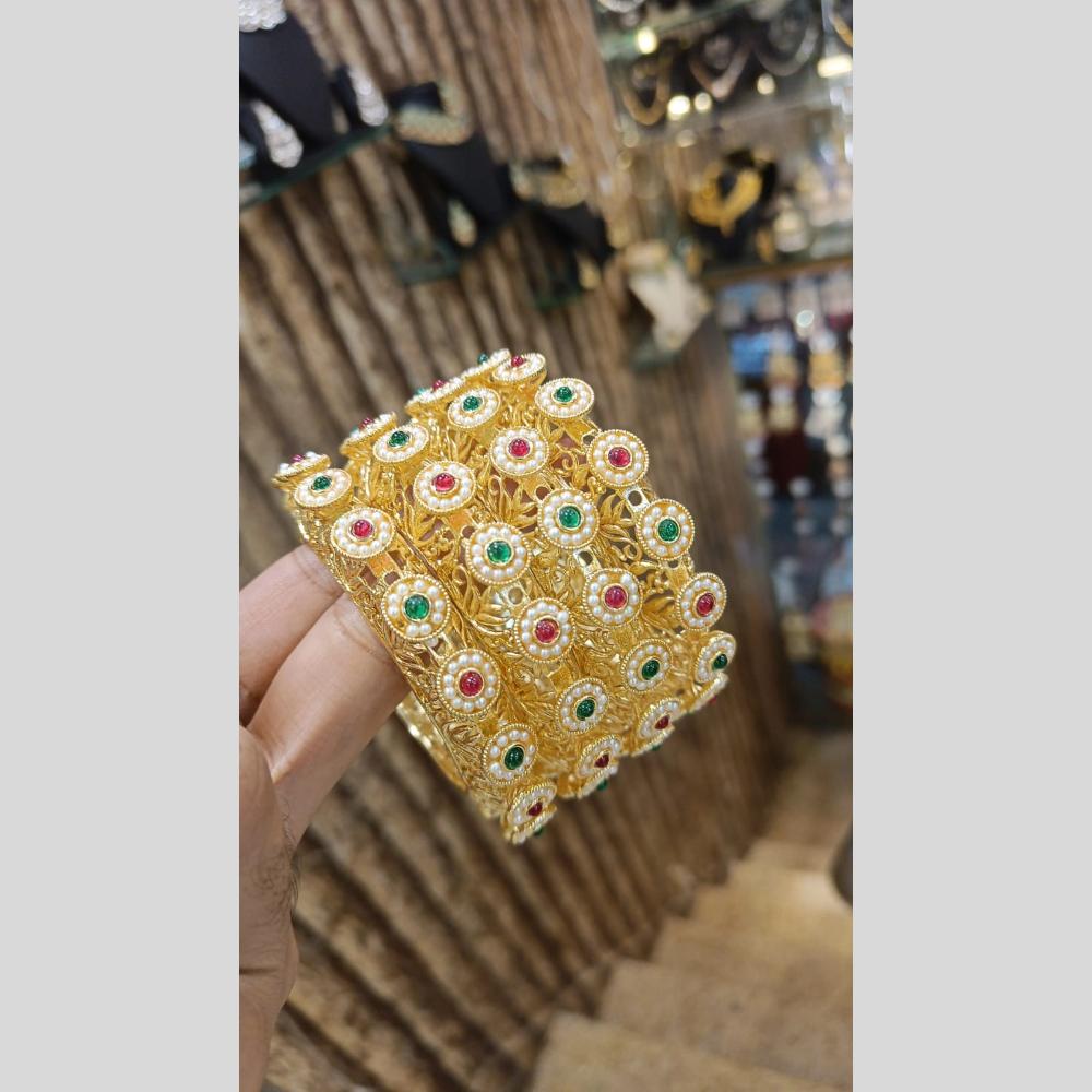 Pooja Bangles Gold Plated Sparkling Green & Pink Austrian Stone Bangles Set