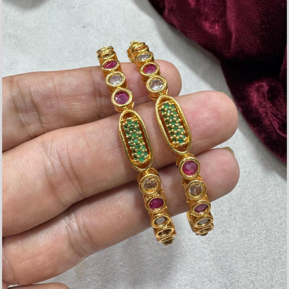 Pooja Bangles Gold Plated Sparkling Green & Pink Austrian Stone Bangles Set