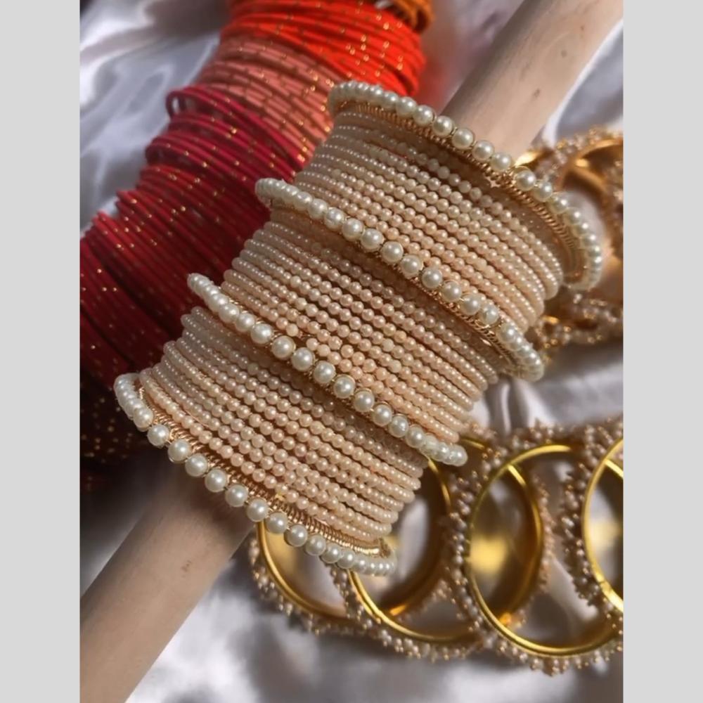 Pooja Bangles Gold Plated White Elegant Pearl Bangles Set