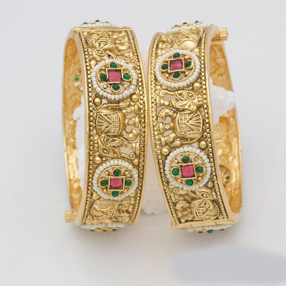 Pooja Bangles Gold Plated Pota Stone And Pearl Openable Bangles Set