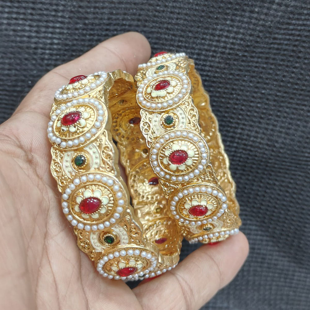 Pooja Bangles Gold Plated Pota Stone And Pearl Meenakari Bangles Set