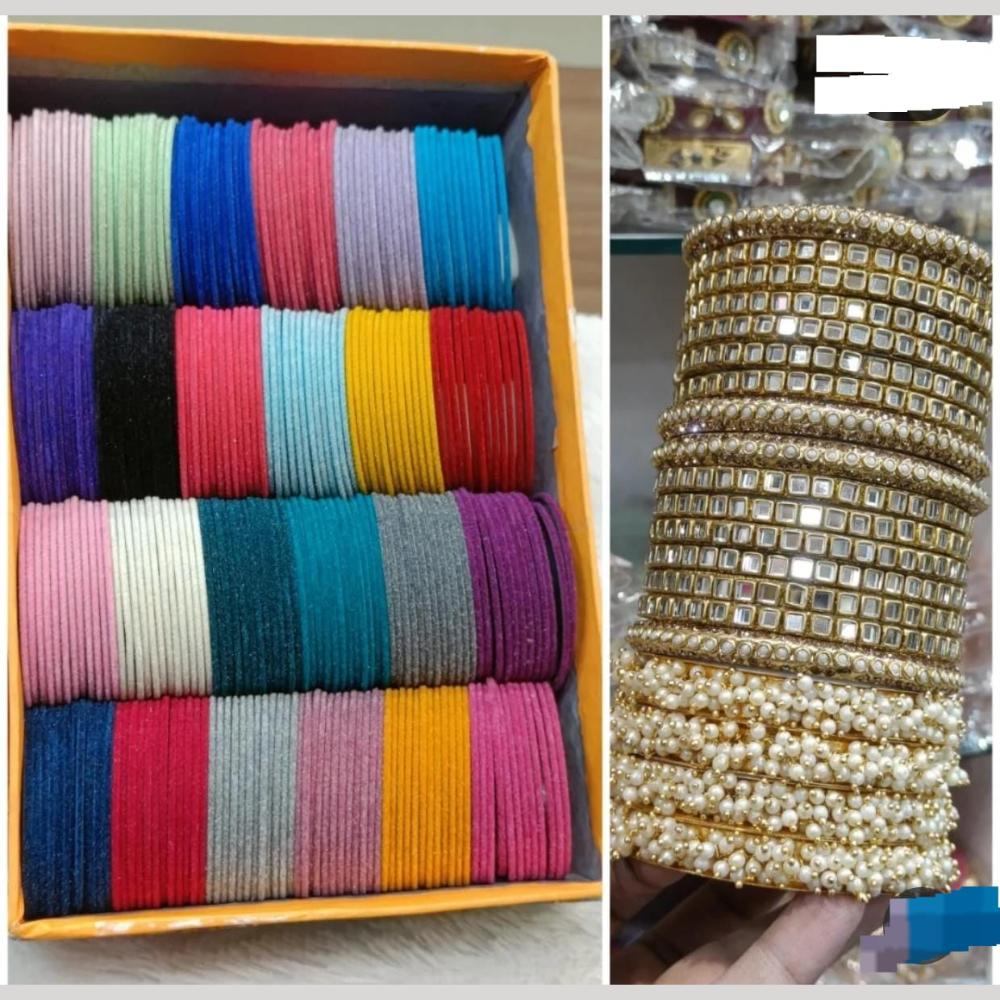 Pooja Bangles Stunning Gold Plated Multi Color Mirror And Pearl Velvet Bangle Set