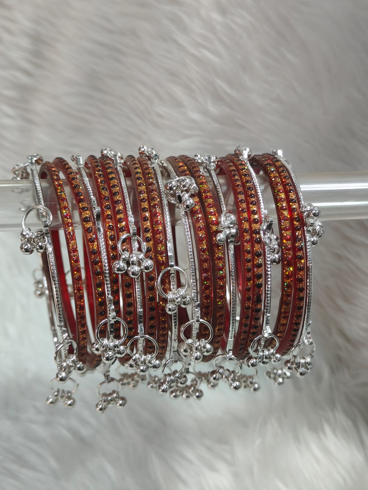 Pooja Bangles Rhodium Plated Stylish Raindrop Pattern Glass Kashmirir Bangles Set