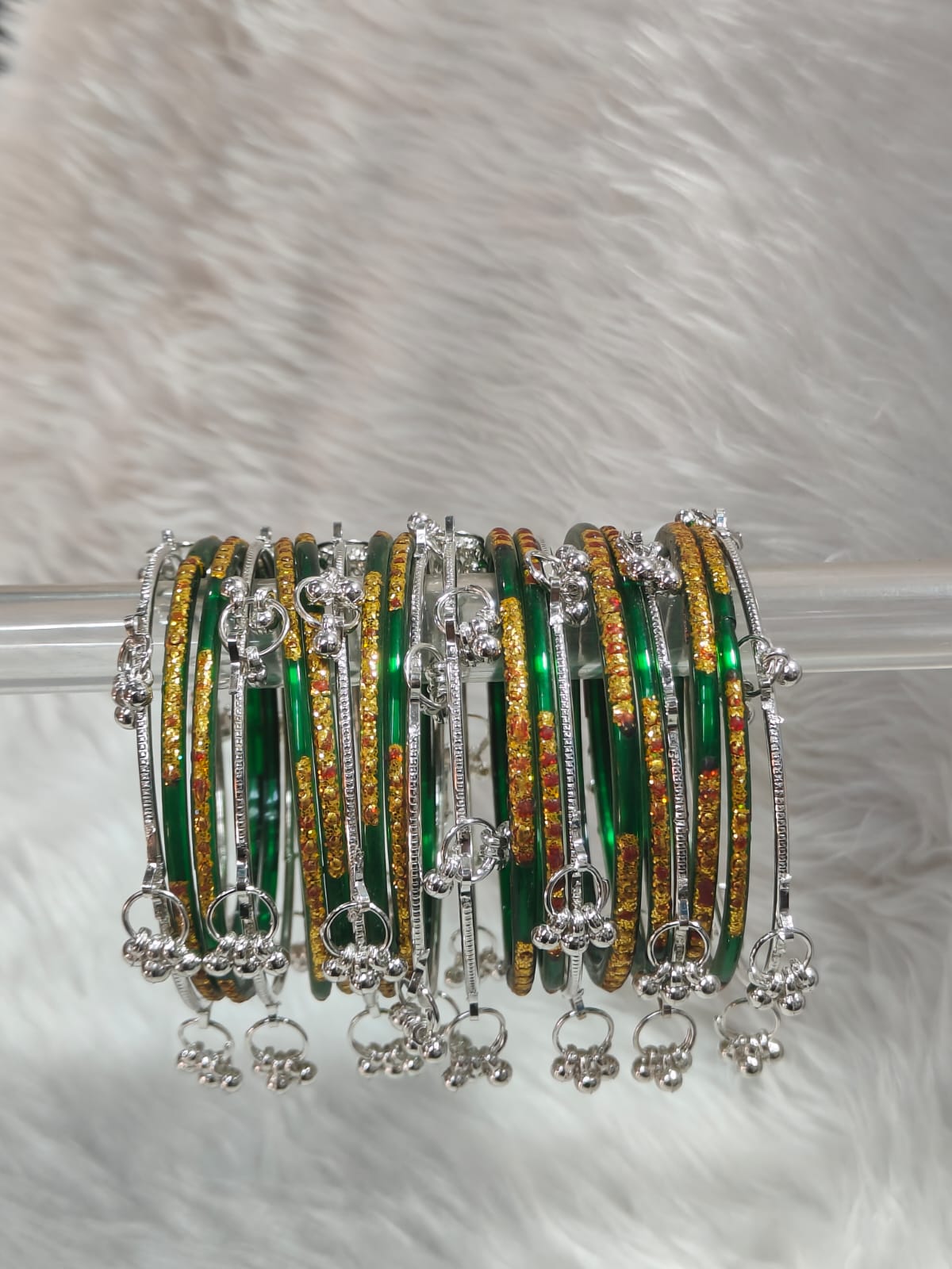 Pooja Bangles Rhodium Plated Stylish Raindrop Pattern Glass Kashmirir Bangles Set
