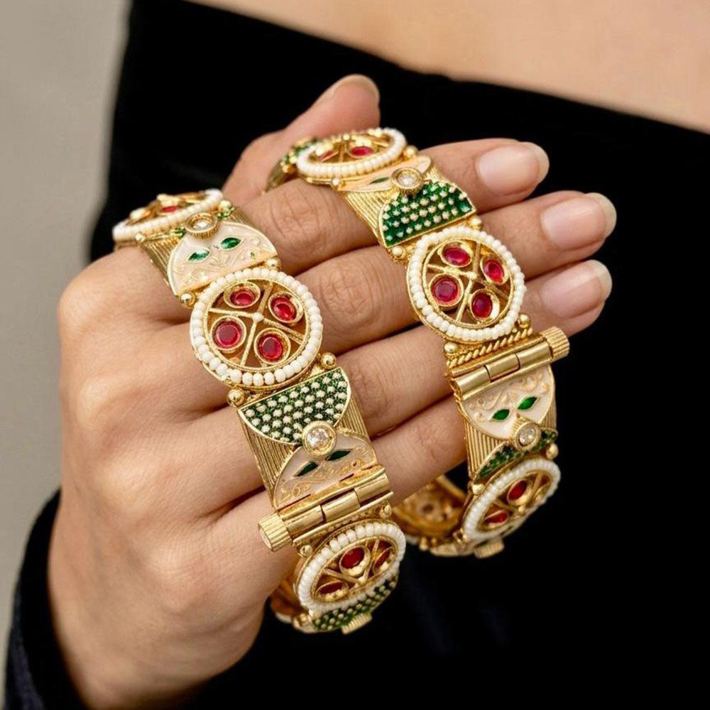 Pooja Bangles Heritage Meenakari Pota Stone And Pearl Openable Bangles Set