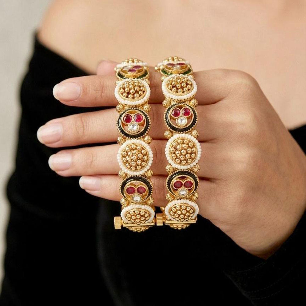 Pooja Bangles Heritage Pota Stone And Pearl Openable Bangles Set