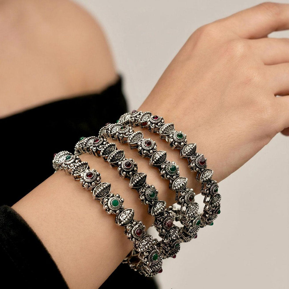 Pooja Bangles Oxidised Finish Pota Stone Designer Bangles Set