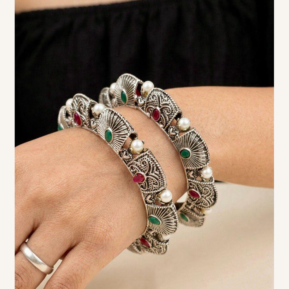Pooja Bangles Oxidised Finish Pota Stone And Pearl Designer Bangles Set
