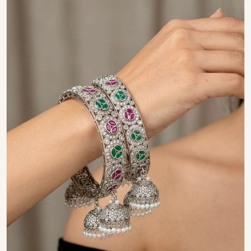 Pooja Bangles Oxidised Finish Pota Stone And Pearl Designer Bangles Set