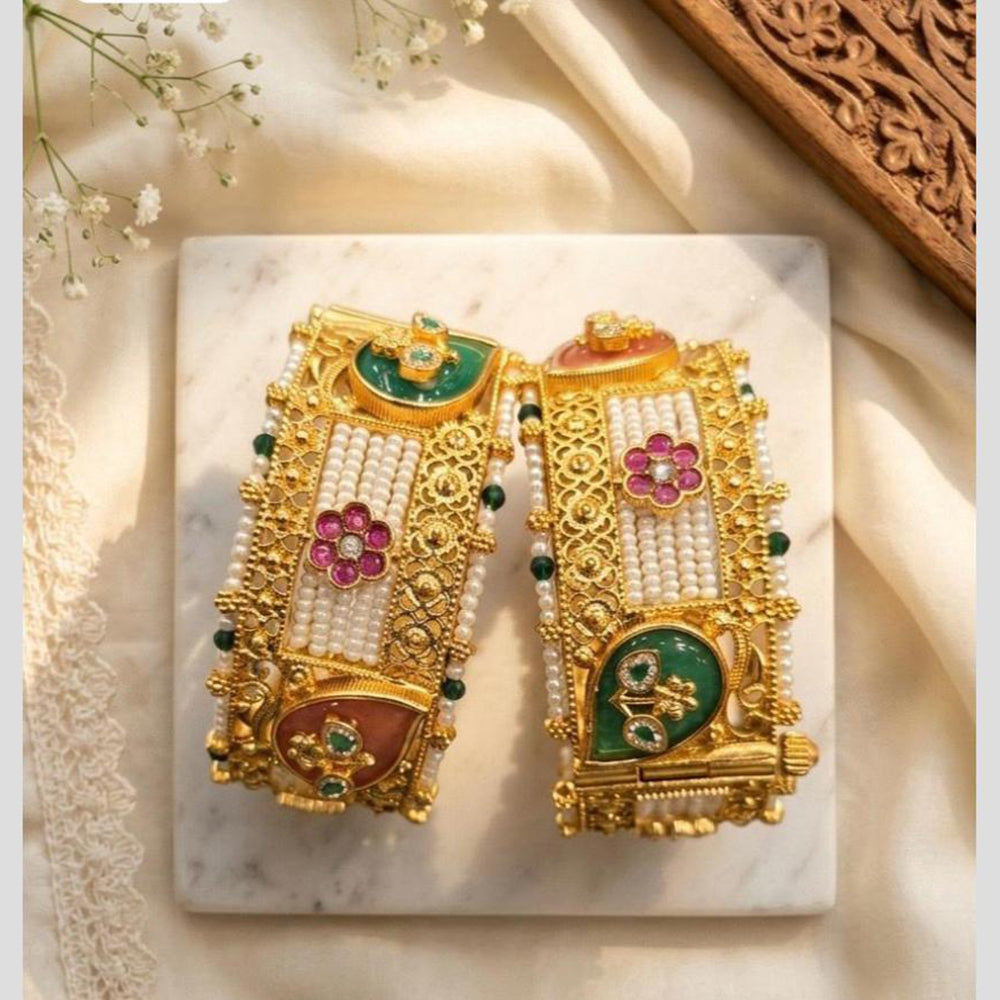 Pooja Bangles Traditional Pota Stone And Pearl Openable Bangles Set for Women