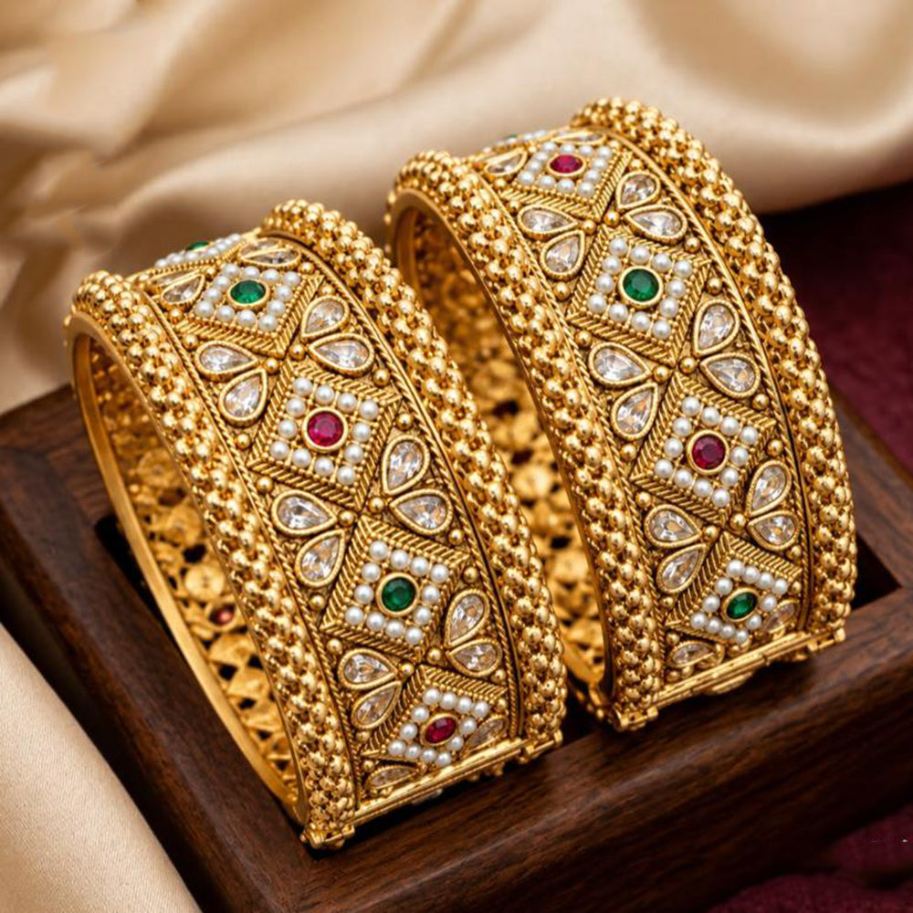 Pooja Bangles Premium Pota Stone And Pearl Openable Bangles Set