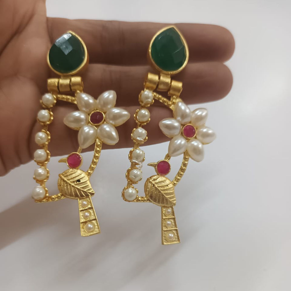 Shubhratnam Jewellers Gold Plated Pota Stone And Pearl Dangler Earrings