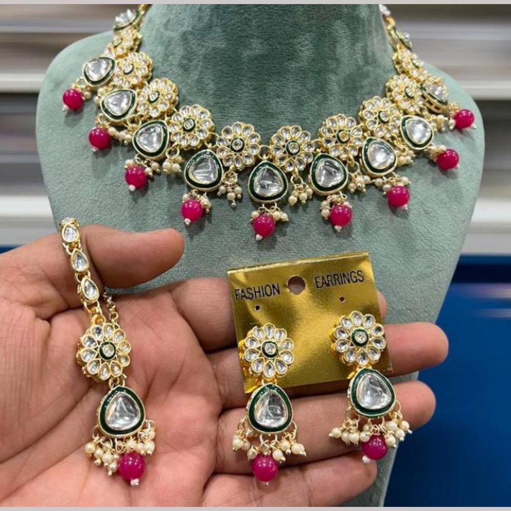 Hira Collection Gold Plated Kundan Stone And Beads Necklace Set