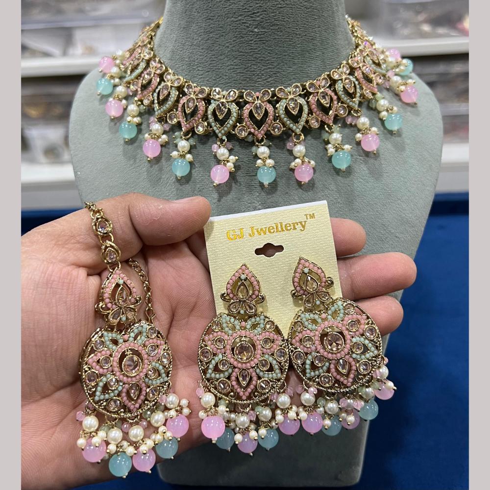 Hira Collections Gold Plated Crystal Stone And Beads Necklace Set