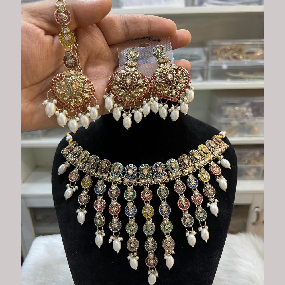 Hira Collections Gold Plated Crystal Stone And Pearls Necklace Set