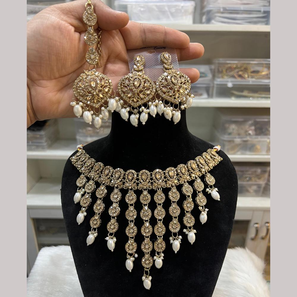 Hira Collections Gold Plated Crystal Stone And Pearls Necklace Set