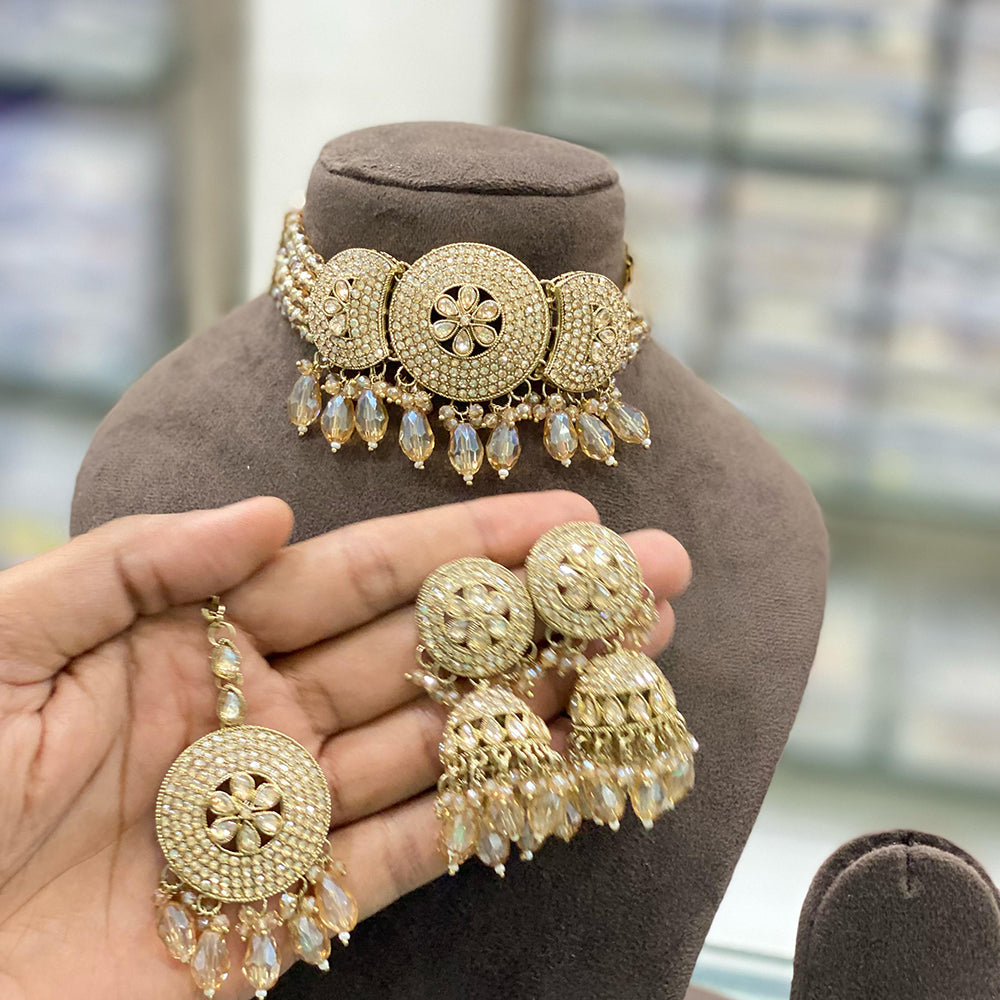 Hira Collections Gold Plated Crystal Stone And Beads Choker Necklace Set