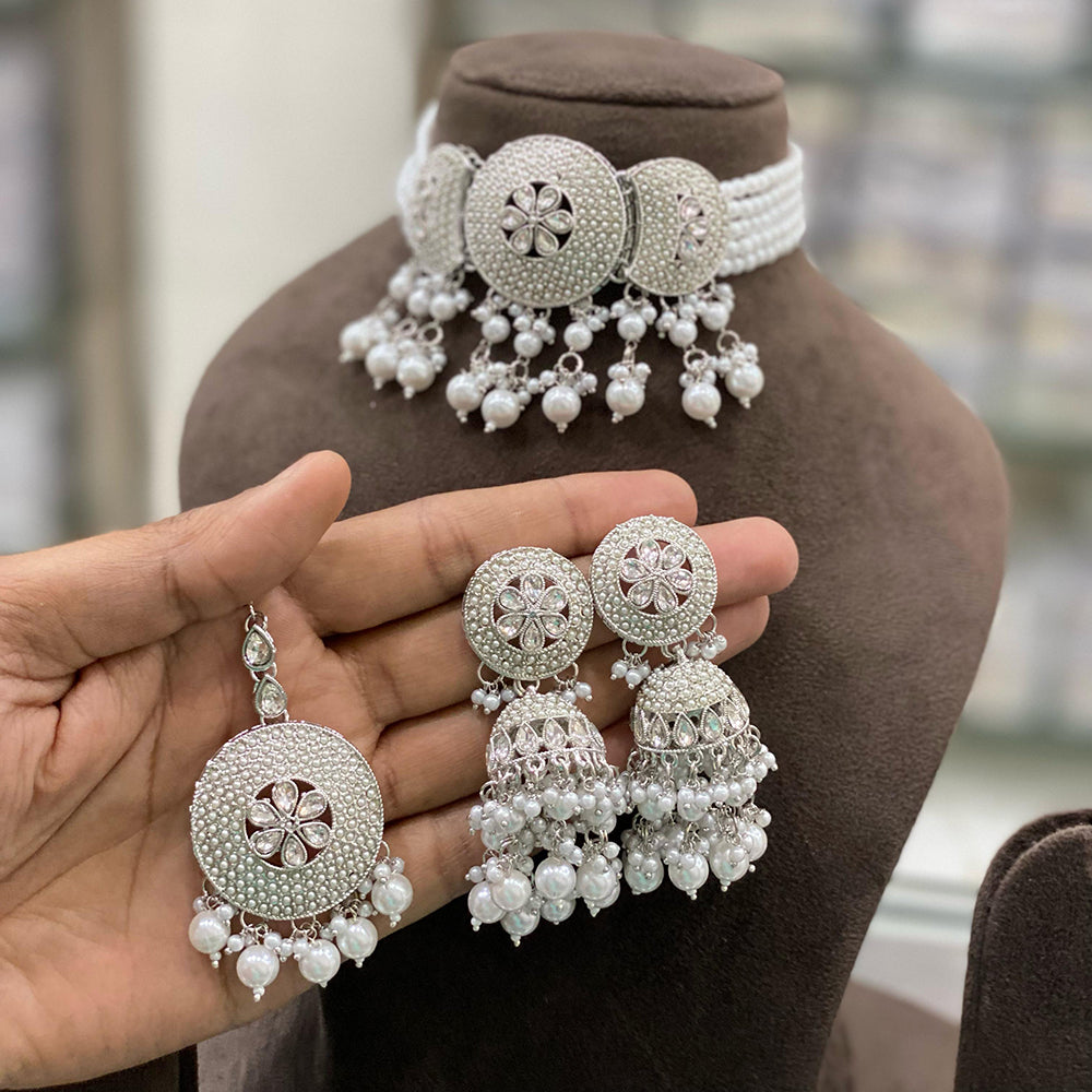 Hira Collections Silver Plated Crystal Stone And Beads Choker Necklace Set