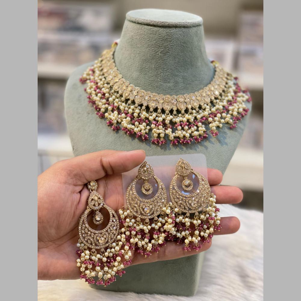 Hira Collections Gold Plated Crystal Stone And Beads Necklace Set