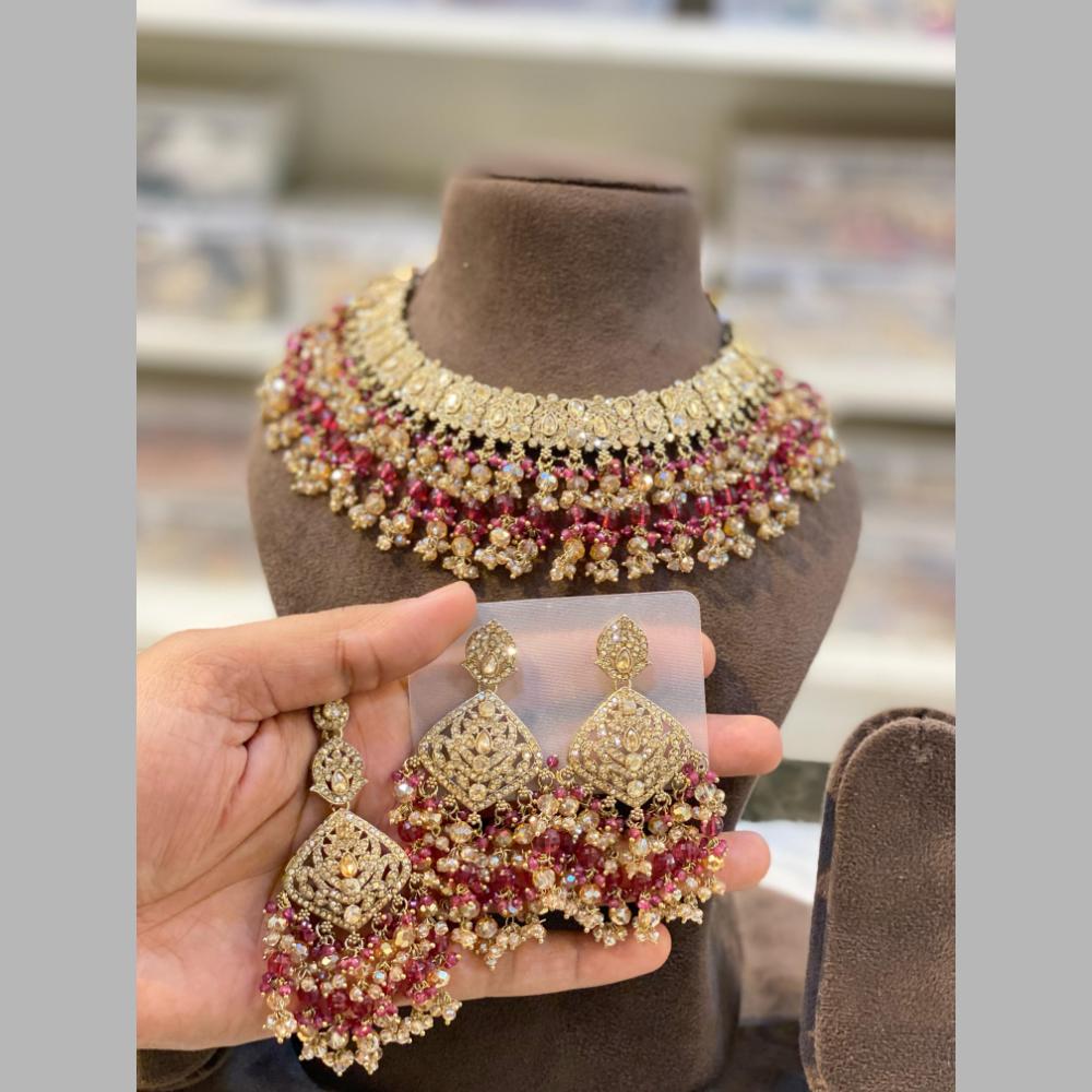 Hira Collections Gold Plated Crystal Stone And Beads Necklace Set