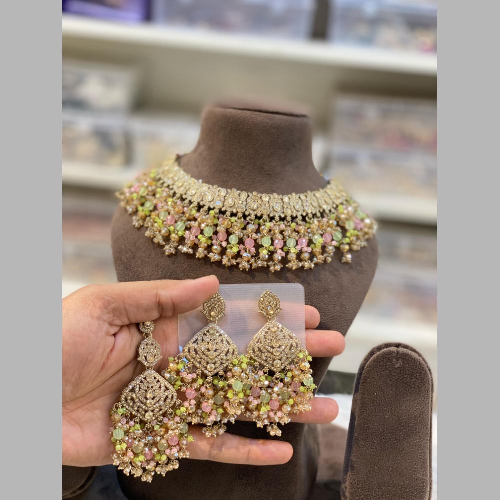 Hira Collections Gold Plated Crystal Stone And Beads Necklace Set