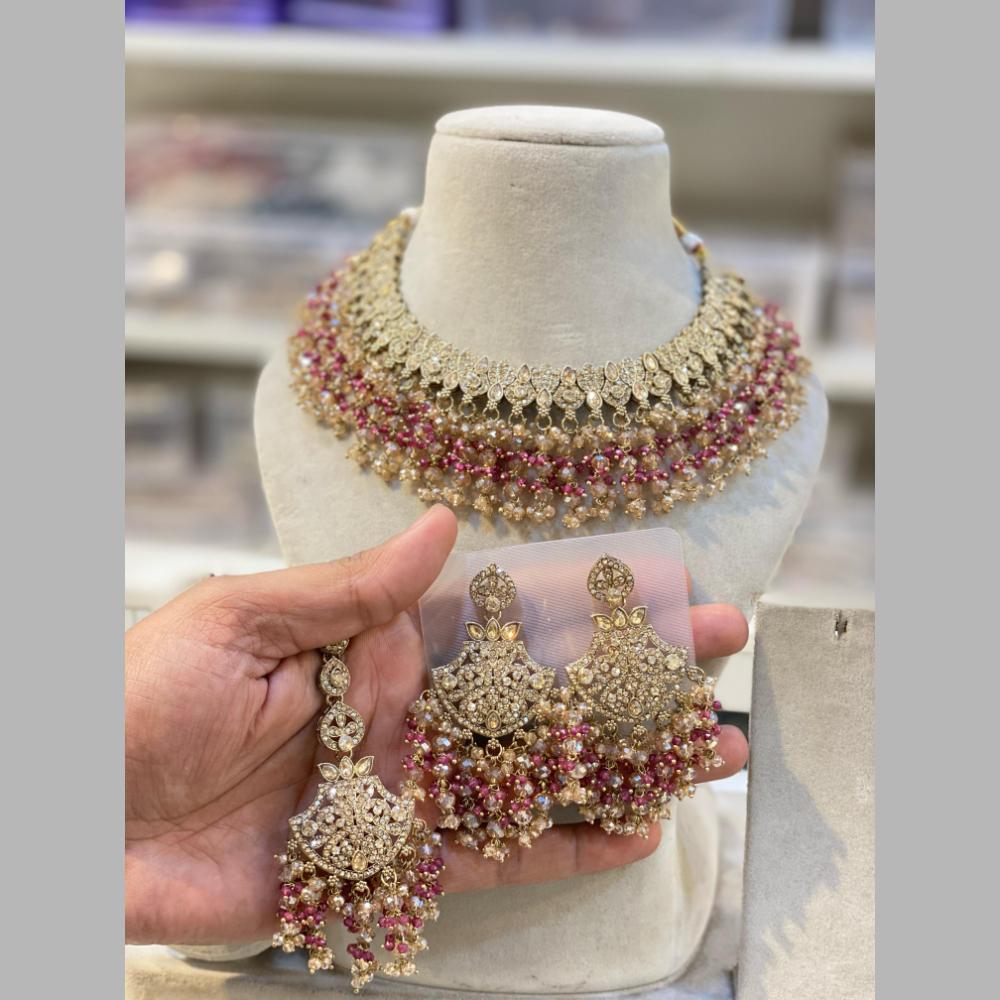 Hira Collections Gold Plated Crystal Stone And Beads Necklace Set