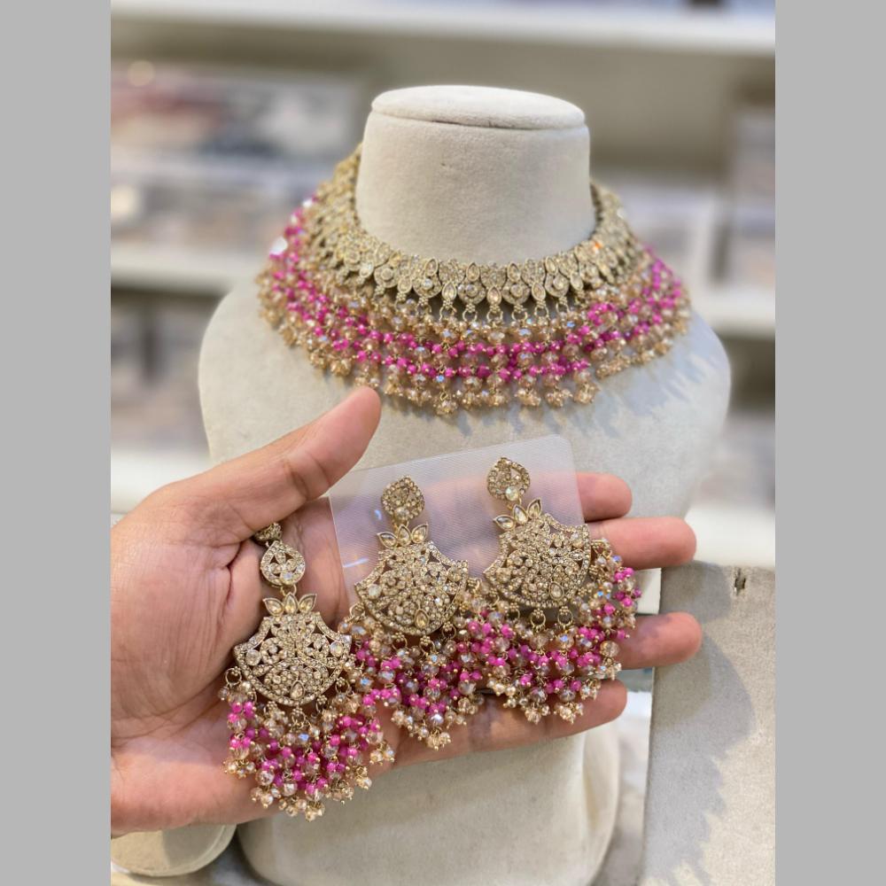 Hira Collections Gold Plated Crystal Stone And Beads Necklace Set