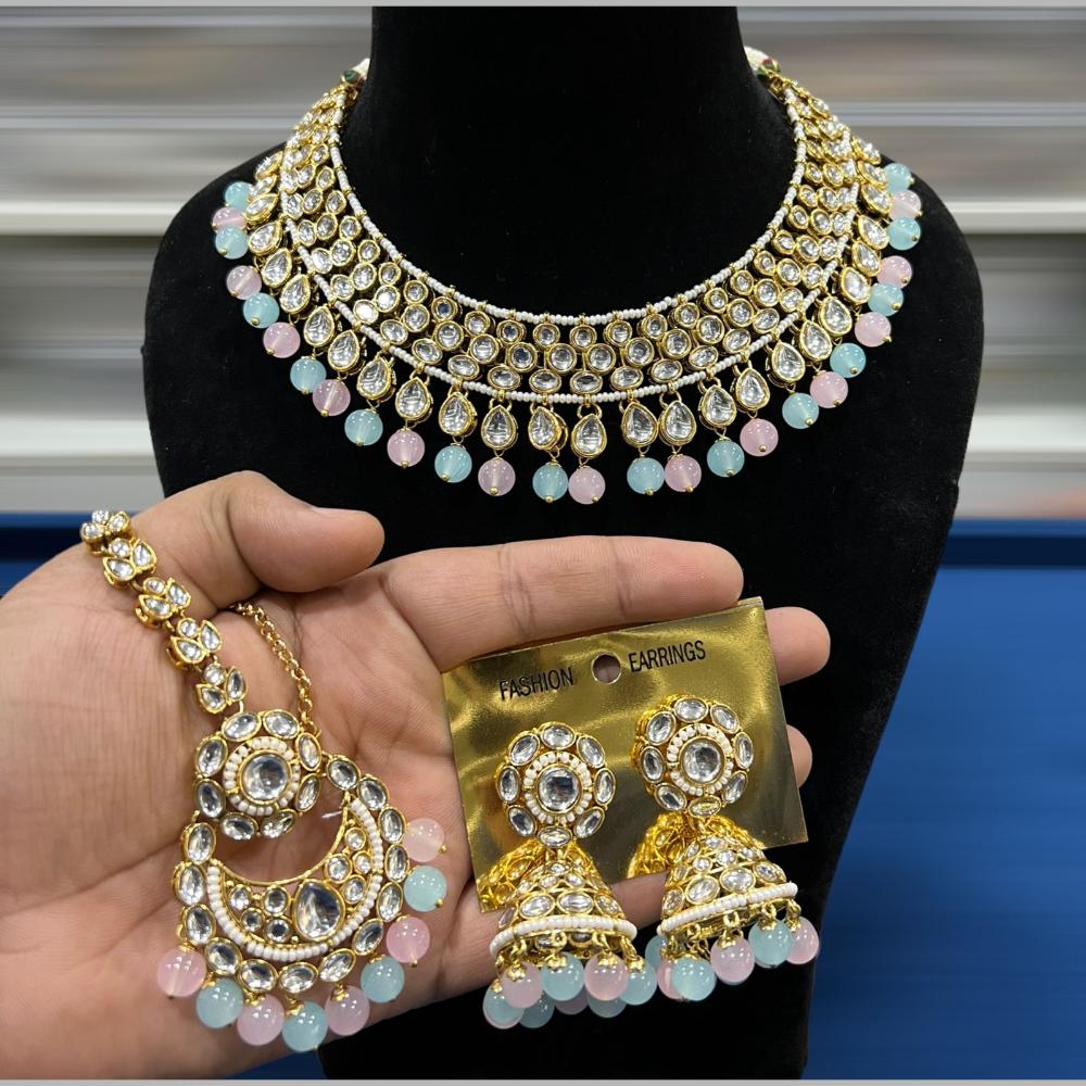 Hira Collections Gold Plated Kundan Stone And Beads Necklace Set