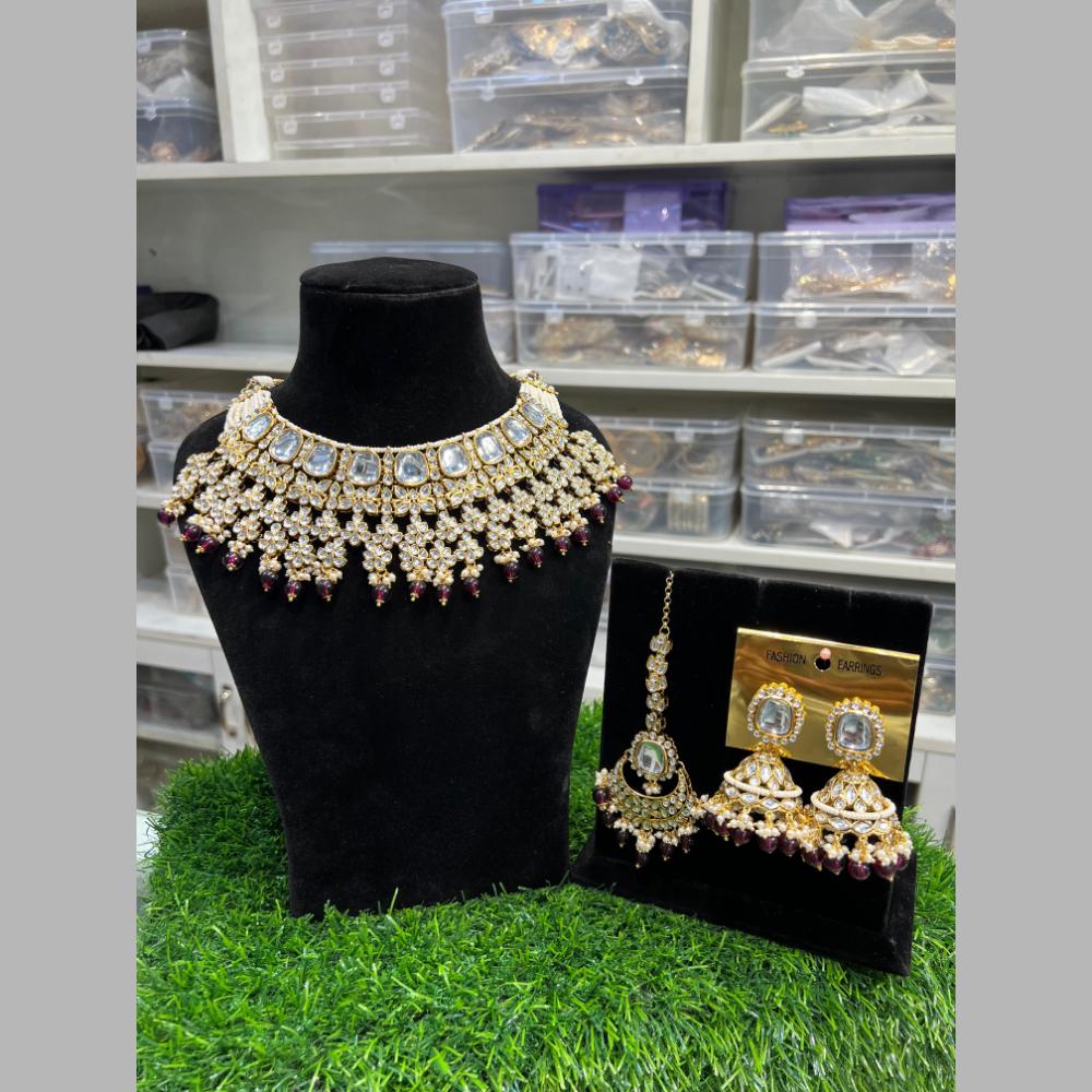 Hira Collections Gold Plated Kundan Stone And Beads Necklace Set