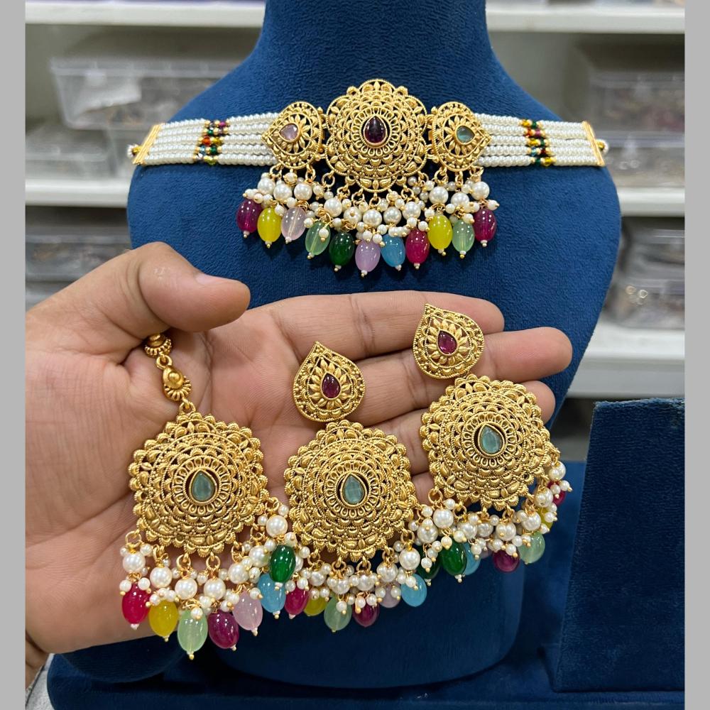 Hira Collections Gold Plated Pota Stone And Pearls Choker Necklace Set