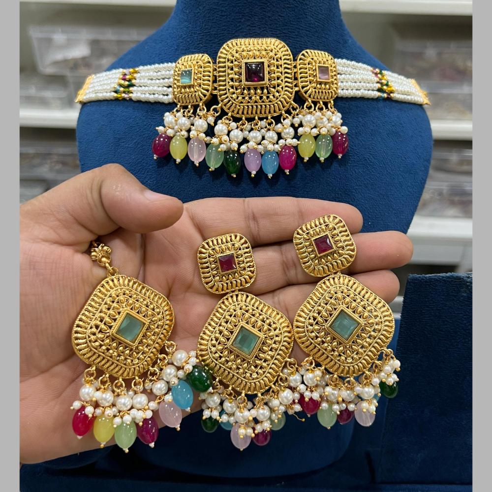 Hira Collections Gold Plated Pota Stone And Pearls Choker Necklace Set