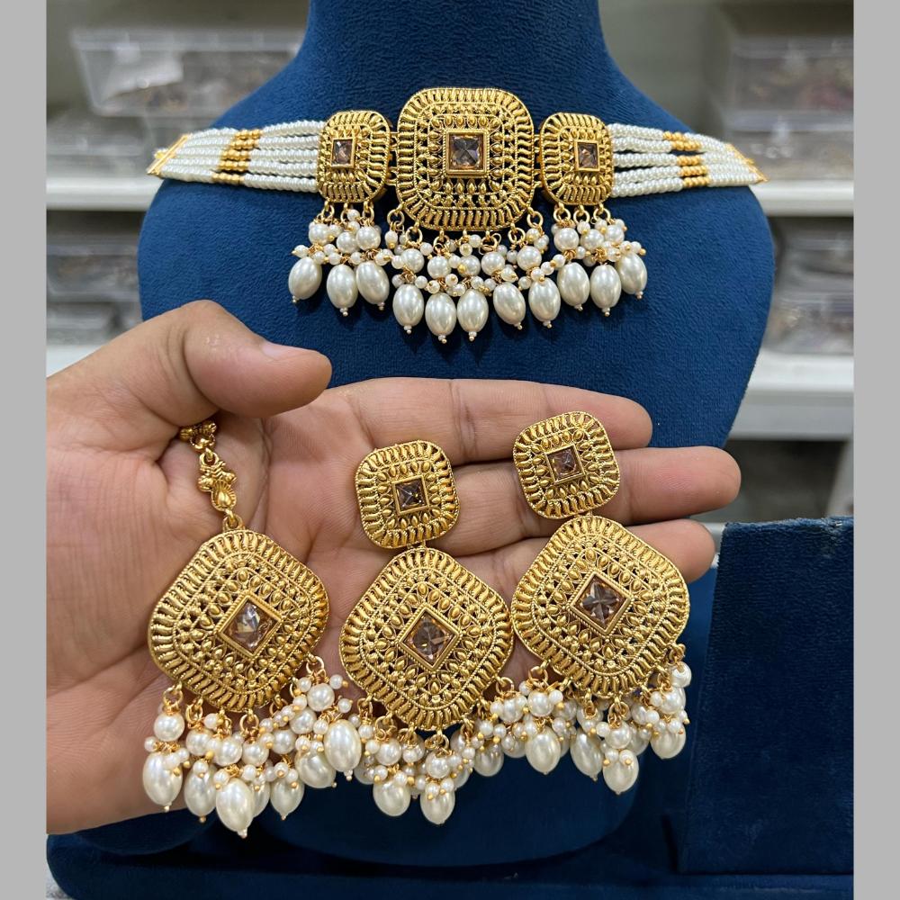 Hira Collections Gold Plated Pota Stone And Pearls Choker Necklace Set