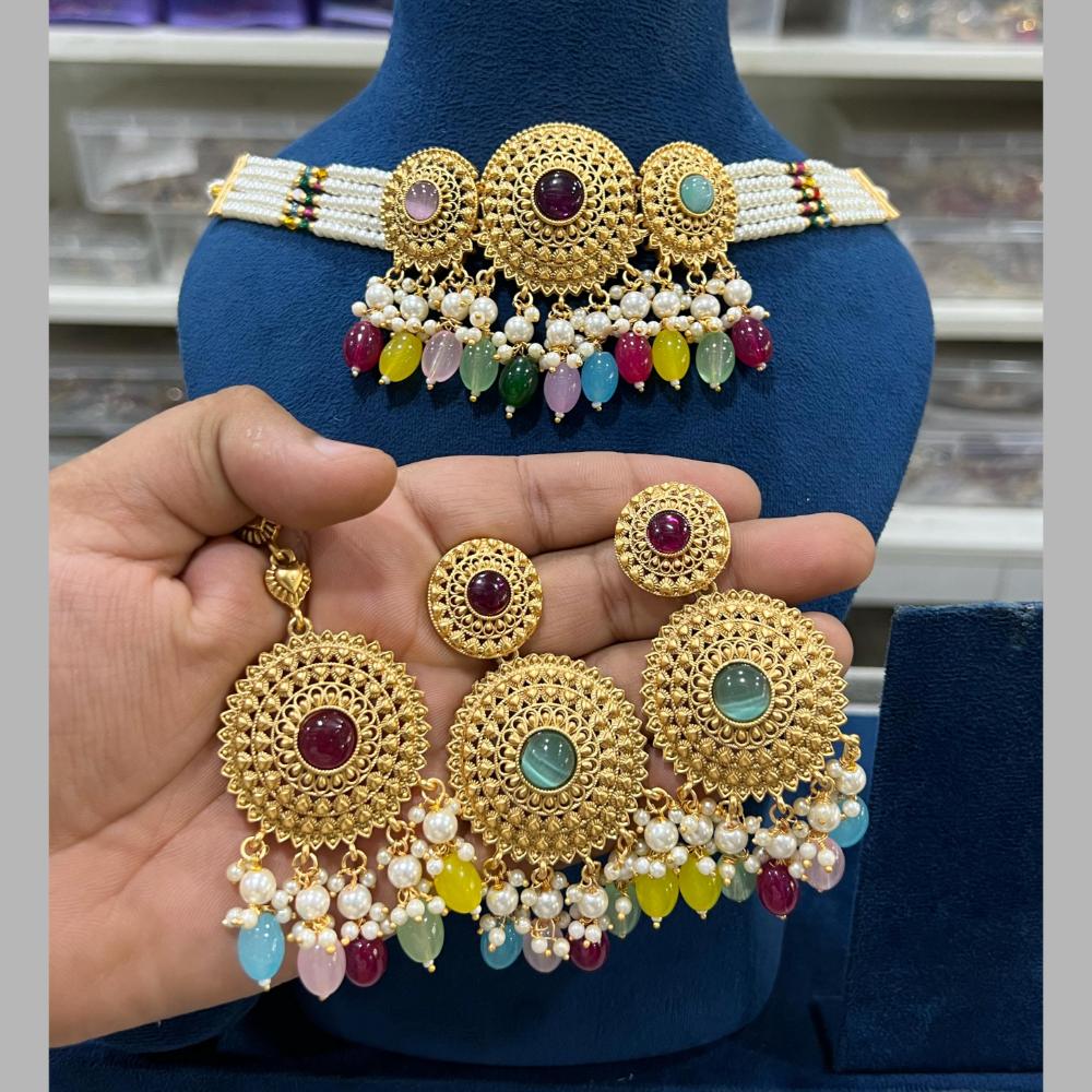 Hira Collections Gold Plated Pota Stone And Pearls Choker Necklace Set