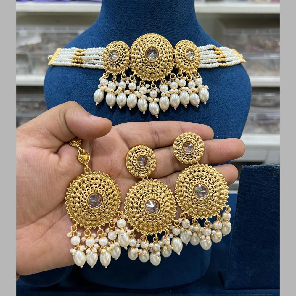 Hira Collections Gold Plated Pota Stone And Pearls Choker Necklace Set