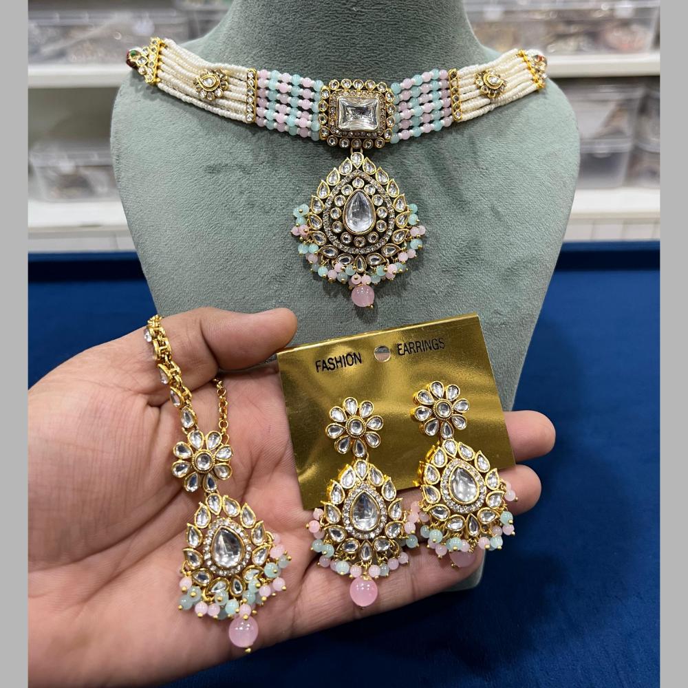 Hira Collections Gold Plated Kundan Stone And Beads Choker Necklace Set