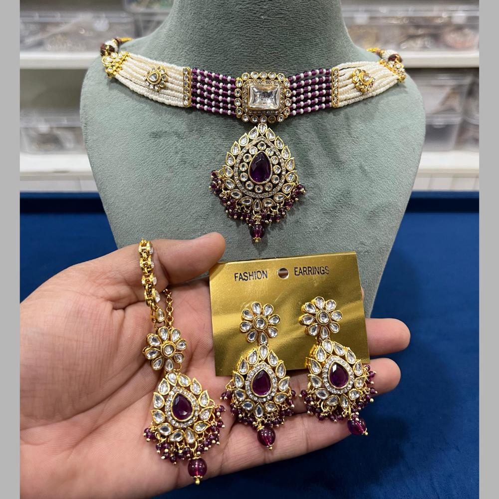 Hira Collections Gold Plated Kundan Stone And Beads Choker Necklace Set