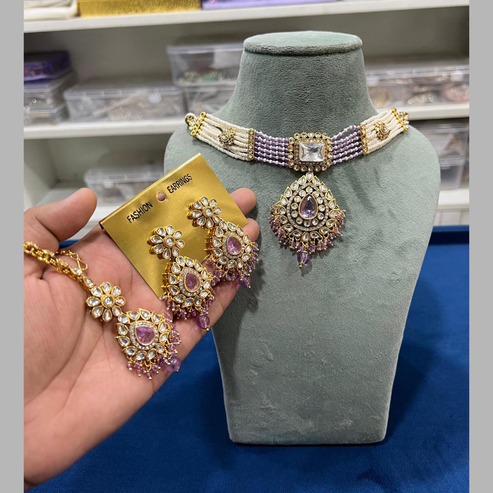 Hira Collections Gold Plated Kundan Stone And Beads Choker Necklace Set