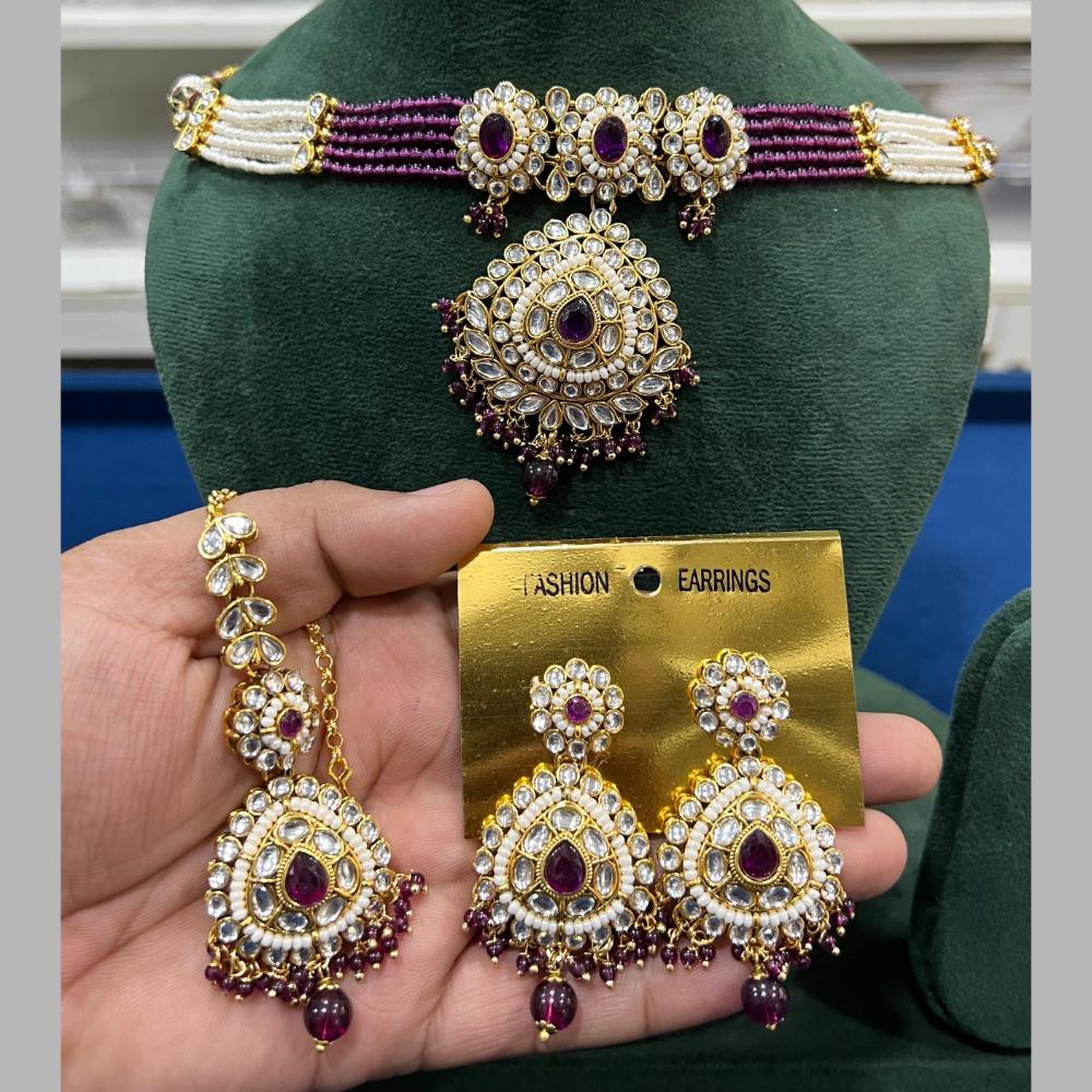 Hira Collections Gold Plated Kundan Stone And Beads Choker Necklace Set