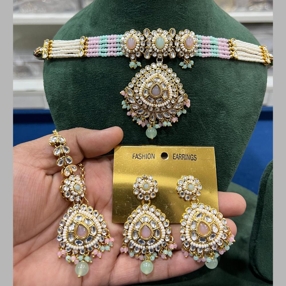 Hira Collections Gold Plated Kundan Stone And Beads Choker Necklace Set
