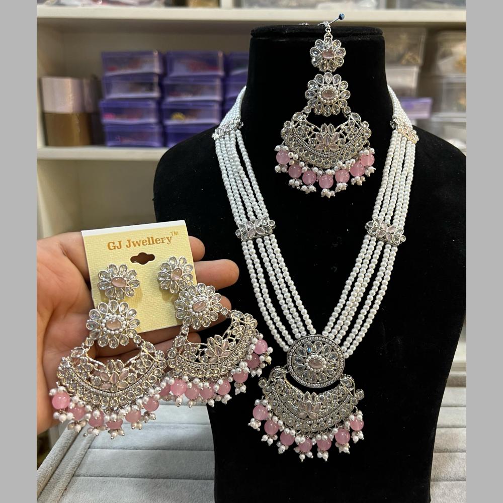 Hira Collections Silver Plated Crystal Stone And Beads Long Necklace Set