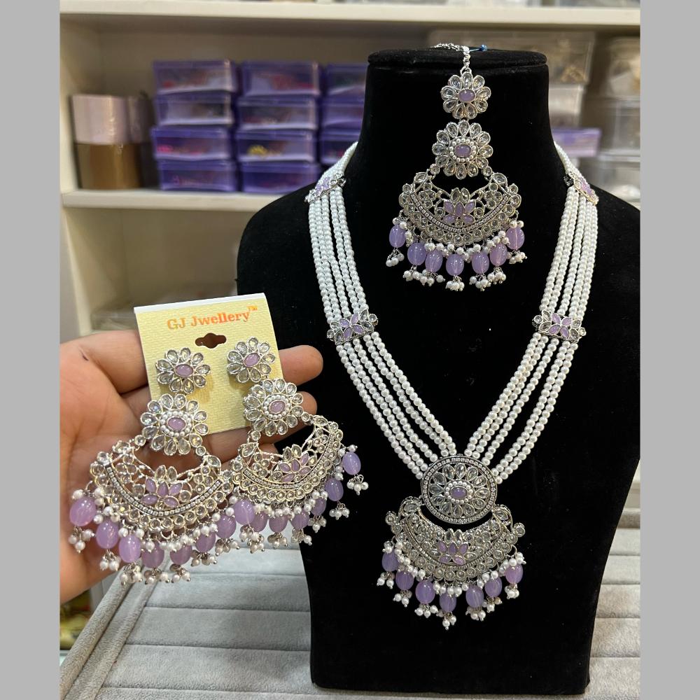 Hira Collections Silver Plated Crystal Stone And Beads Long Necklace Set