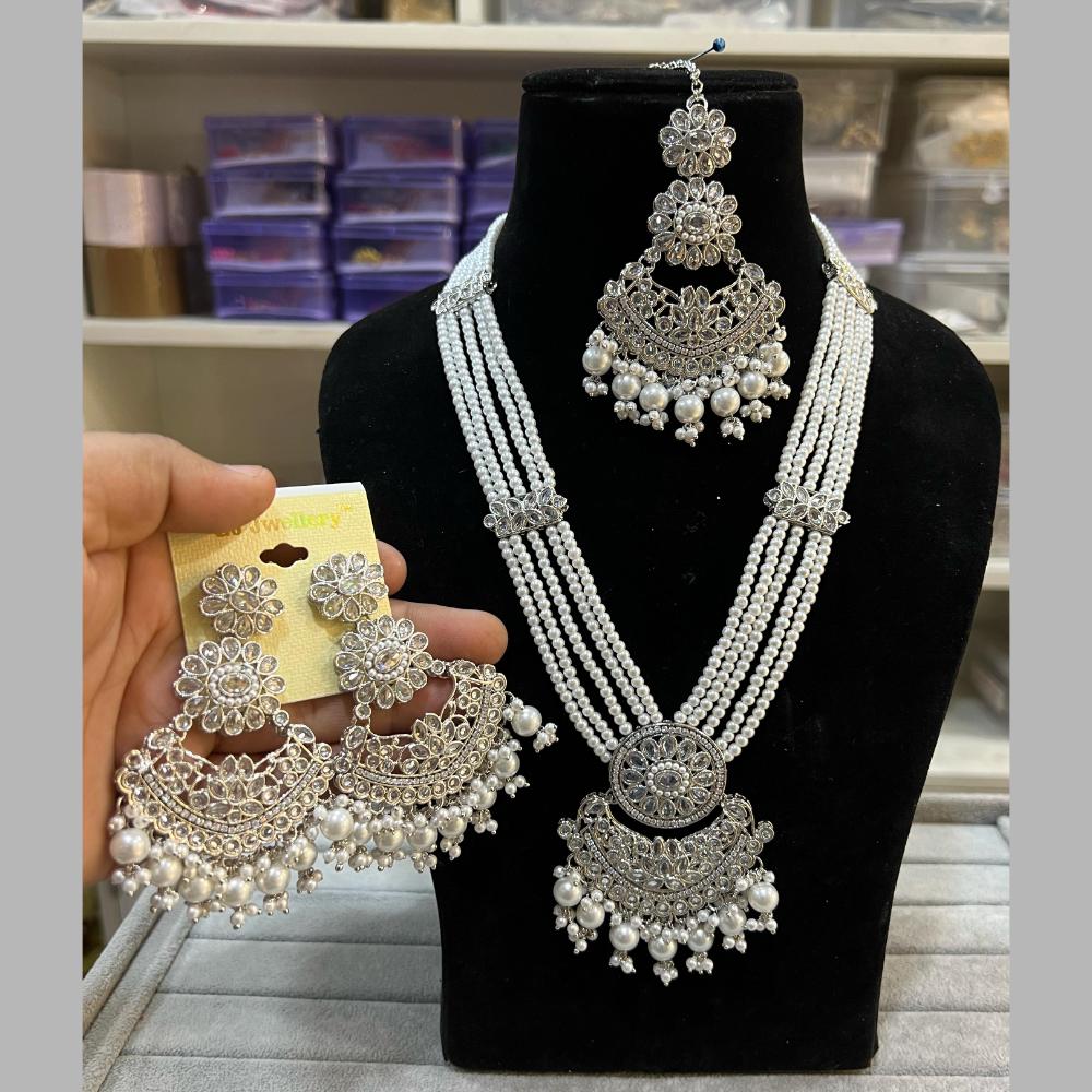 Hira Collections Silver Plated Crystal Stone And Beads Long Necklace Set