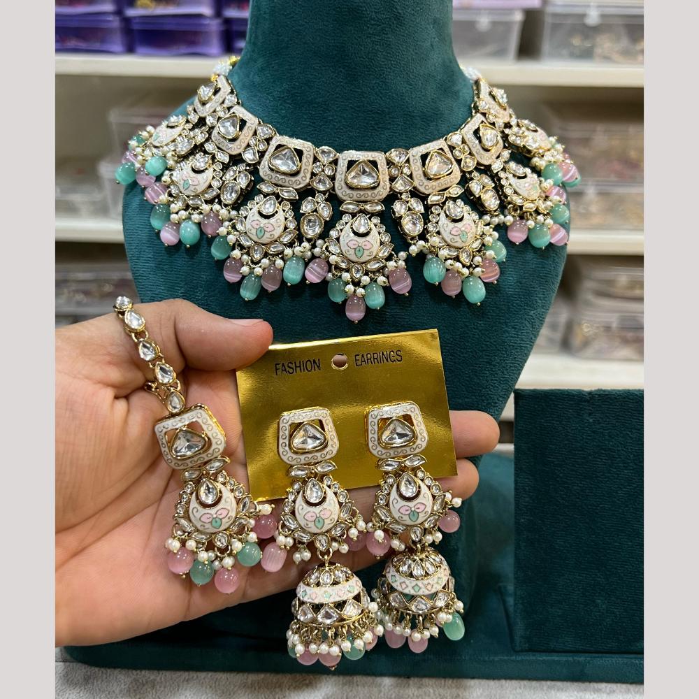 Hira Collection Gold Plated Kundan Stone And Beads Meenakari Necklace Set