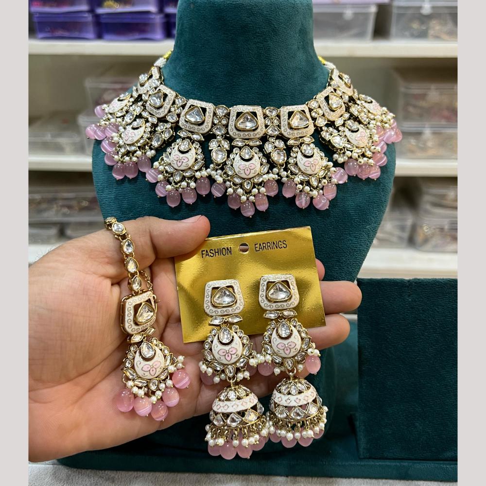 Hira Collection Gold Plated Kundan Stone And Beads Meenakari Necklace Set