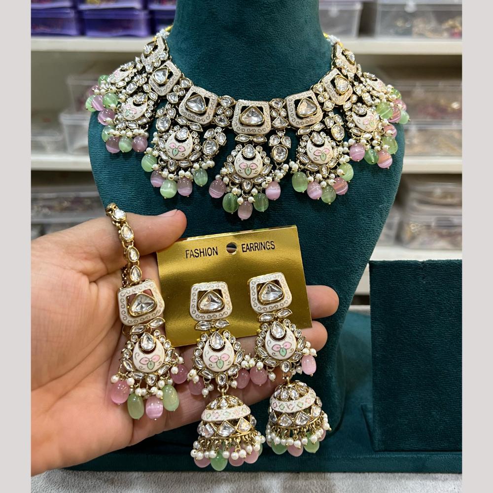 Hira Collection Gold Plated Kundan Stone And Beads Meenakari Necklace Set