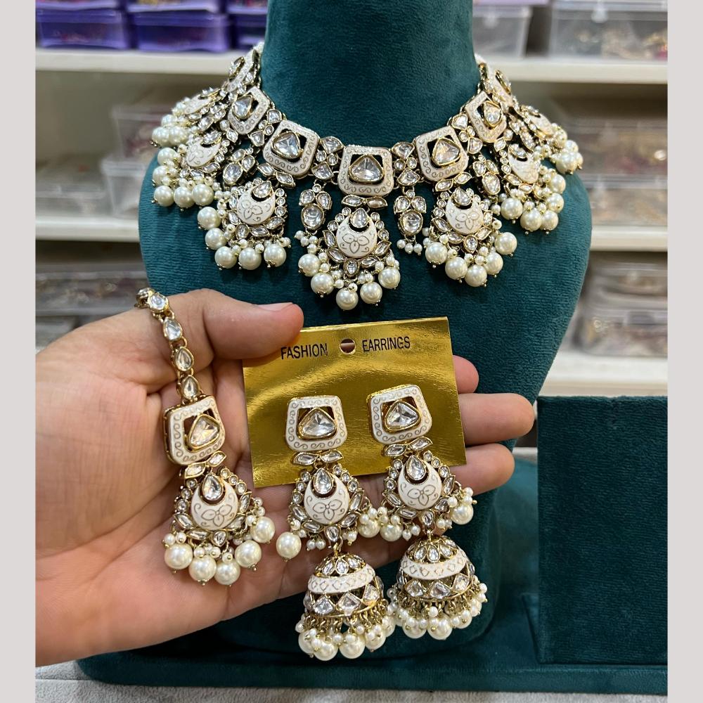 Hira Collection Gold Plated Kundan Stone And Beads Meenakari Necklace Set