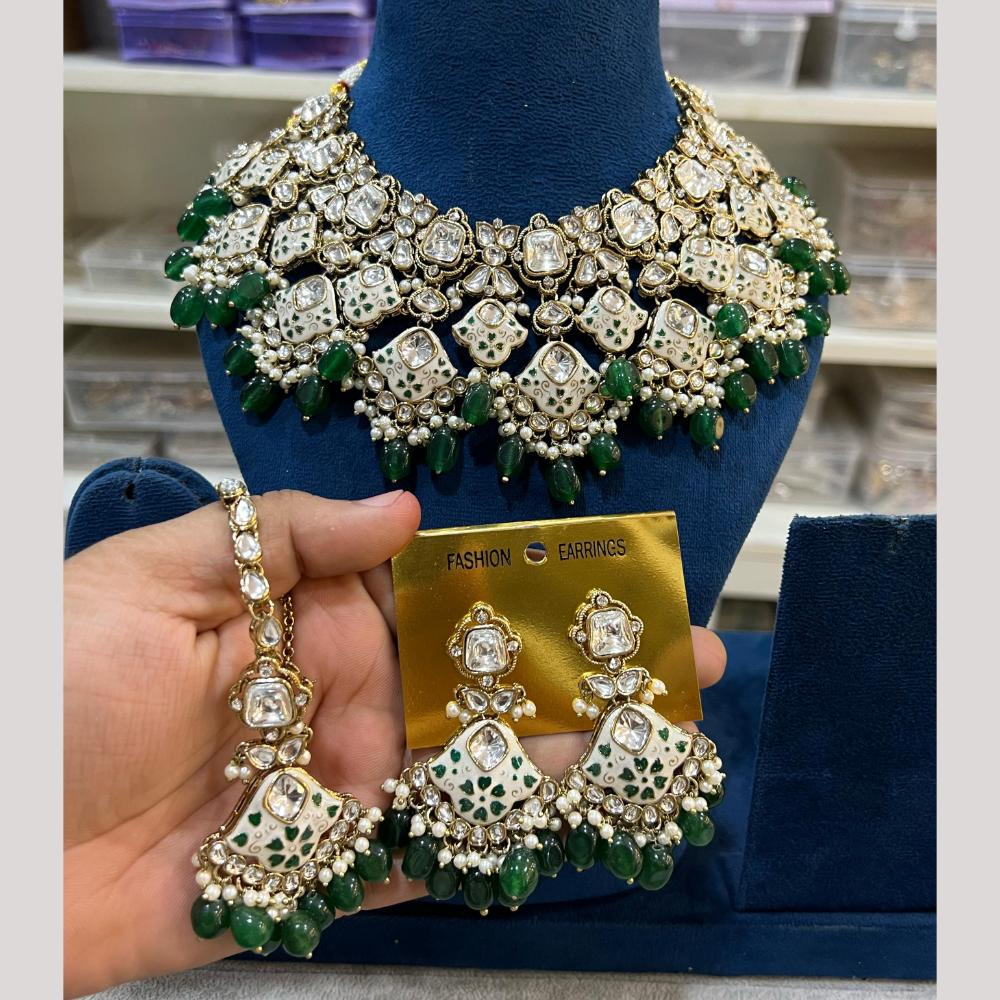 Hira Collection Gold Plated Kundan Stone And Beads Meenakari Necklace Set