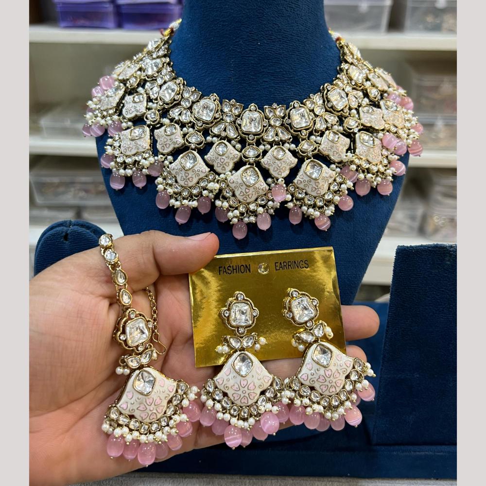 Hira Collection Gold Plated Kundan Stone And Beads Meenakari Necklace Set