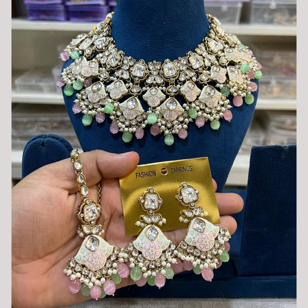 Hira Collection Gold Plated Kundan Stone And Beads Meenakari Necklace Set